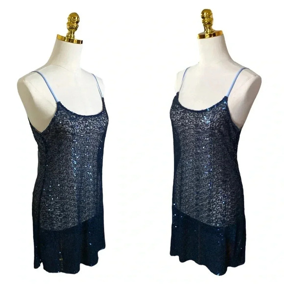 FREE PEOPLE | Intimately Blue Sparkly Sequin Embroidered Slip Mini Dress Size L - Picture 2 of 9
